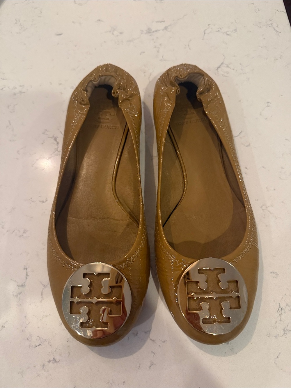 Tory Burch Caramel Patent Leather Logo Ballet Flats